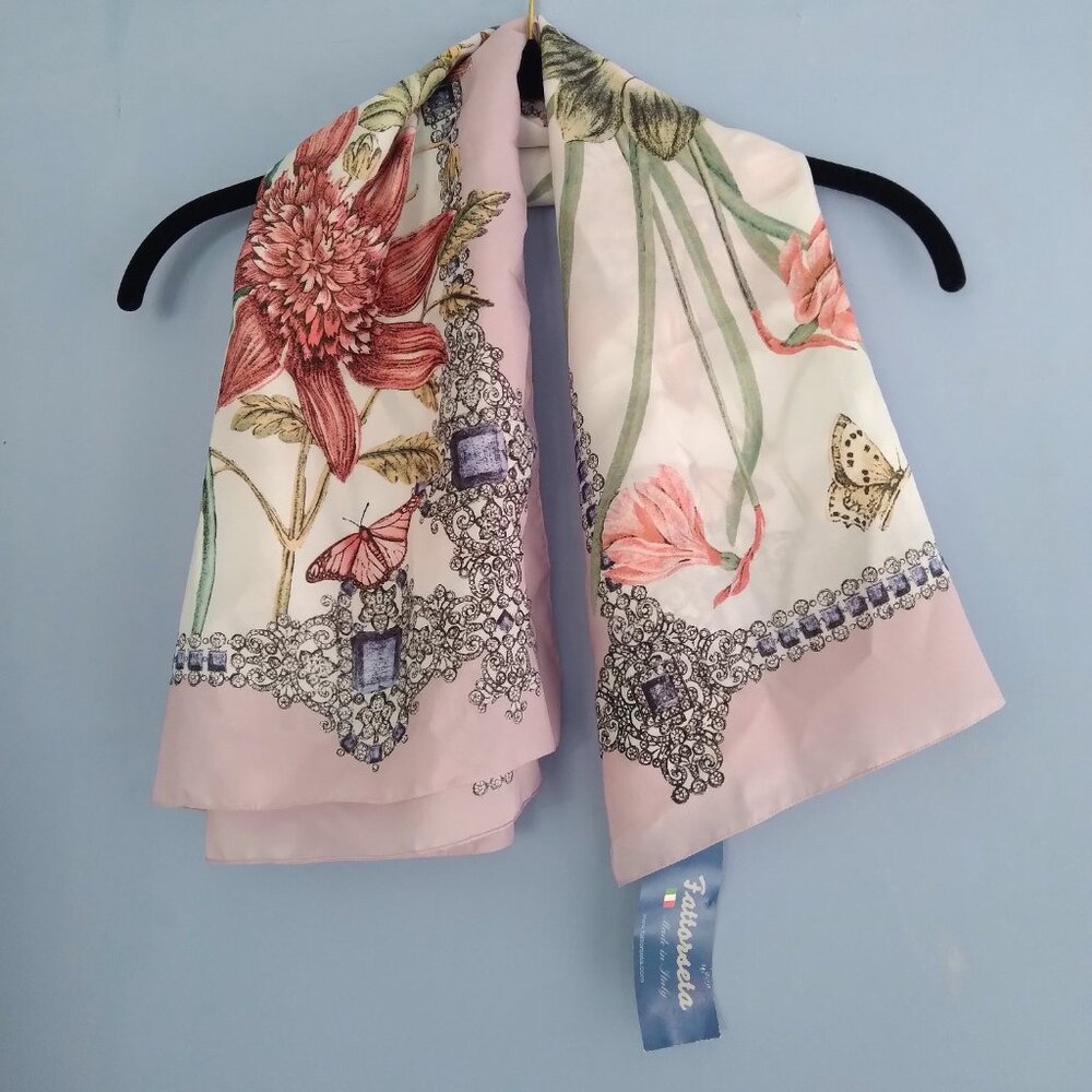 Fattorseta Elegant Floral and Butterflies Scarf - 35" x 34" Made in Italy